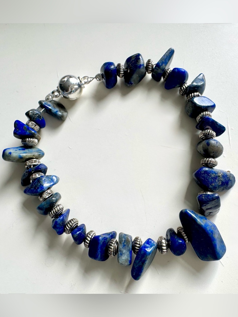 Lapis Lazuli Chip Bracelet with Silver Accents - Deep Blue
